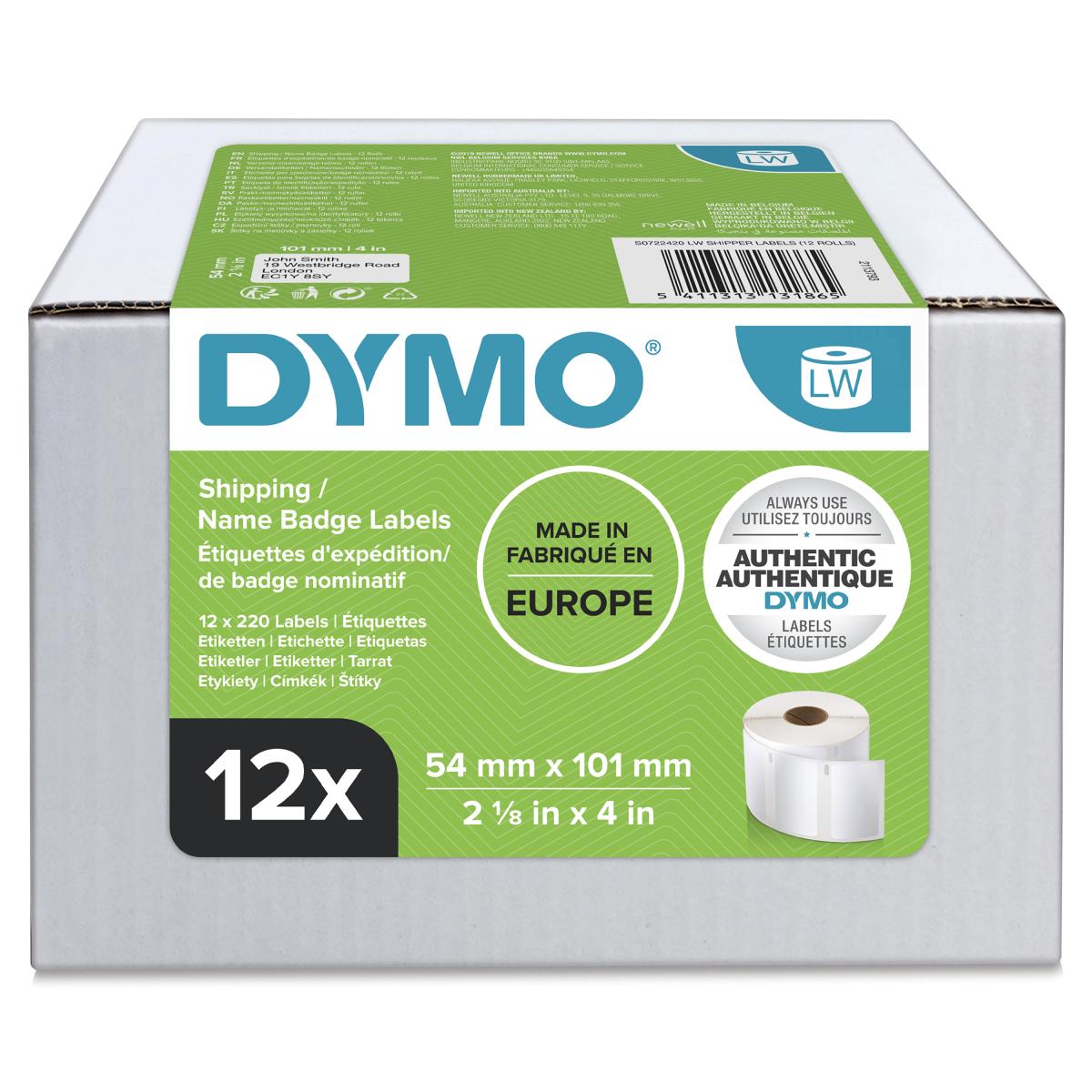 DYMO Authentic LabelWriter Large Shipping Labels/Name Badges | 54mm x 101mm | 12 Rolls of 220 (2,640 Easy-Peel Labels) | Self-Adhesive | for LabelWriter Label Makers