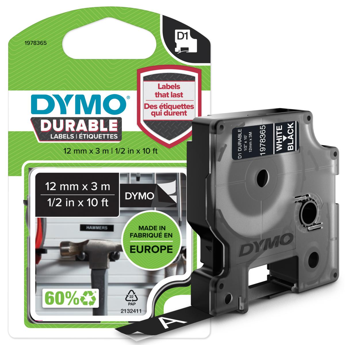 DYMO Authentic D1 Durable Labels | White Print on Black Tape | 12 mm x 3 m | Labelling Tape for LabelManager Label Makers