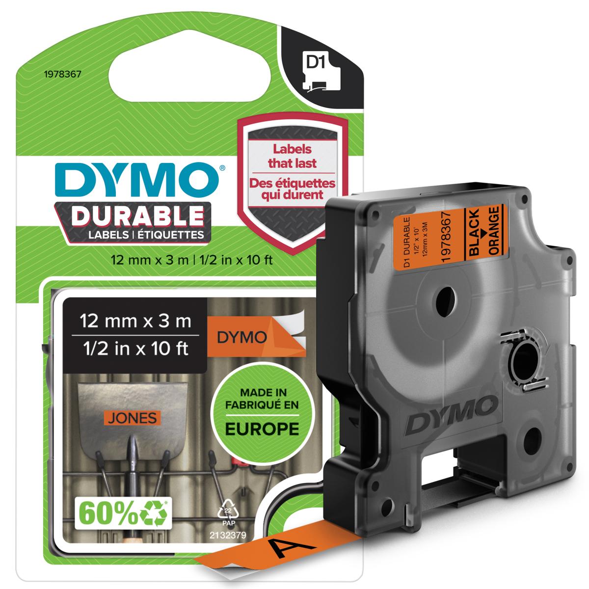 DYMO Authentic D1 Durable Labels | Black Print on Orange Tape | 12 mm x 3 m | High-Performance Label Tape for LabelManager Label Makers