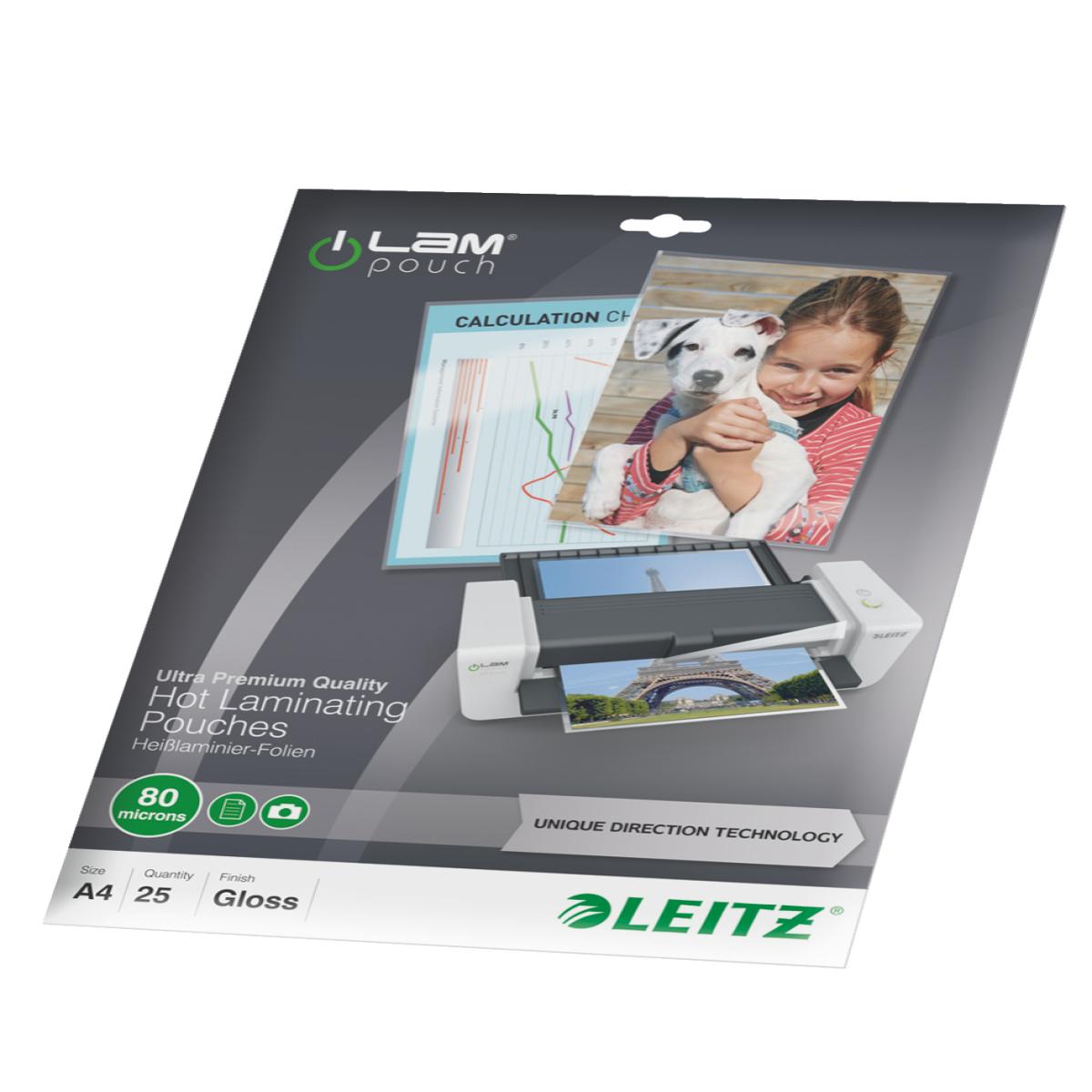 Leitz iLAM Ultra-premium Glossy A4 Laminating Pouches with UDT, 80 microns. Pack of 25.