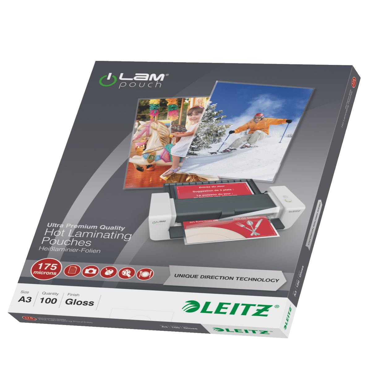 Leitz iLAM Ultra-premium Glossy A3 Laminating Pouches with UDT, 175 microns, Pack of 100