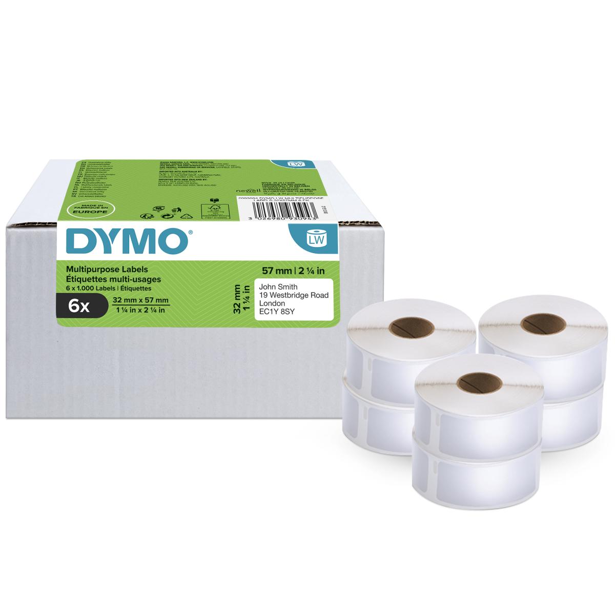 DYMO Authentic LabelWriter Multi-Purpose Labels32mm x 57mm6 Rolls of 1,000 Easy-Peel Labels (6,000 Count)Self-Adhesivefor LabelWriter Label Makers