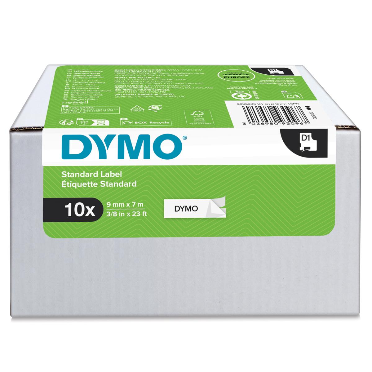 DYMO Authentic D1 Labels | 9mm x 7m Roll | Black Print on White | Self-Adhesive Labels for LabelManager Label Printers | 10 Count
