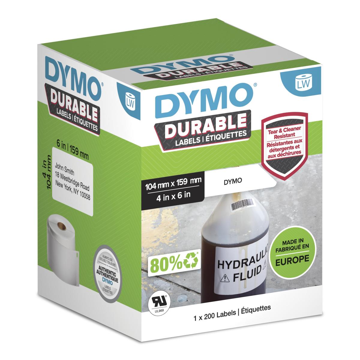DYMO Authentic LabelWriter Durable Labels | 104mm x 159mm | White Poly | 200 Large Self-Adhesive Labels | High-Performance | For LabelWriter Label Makers