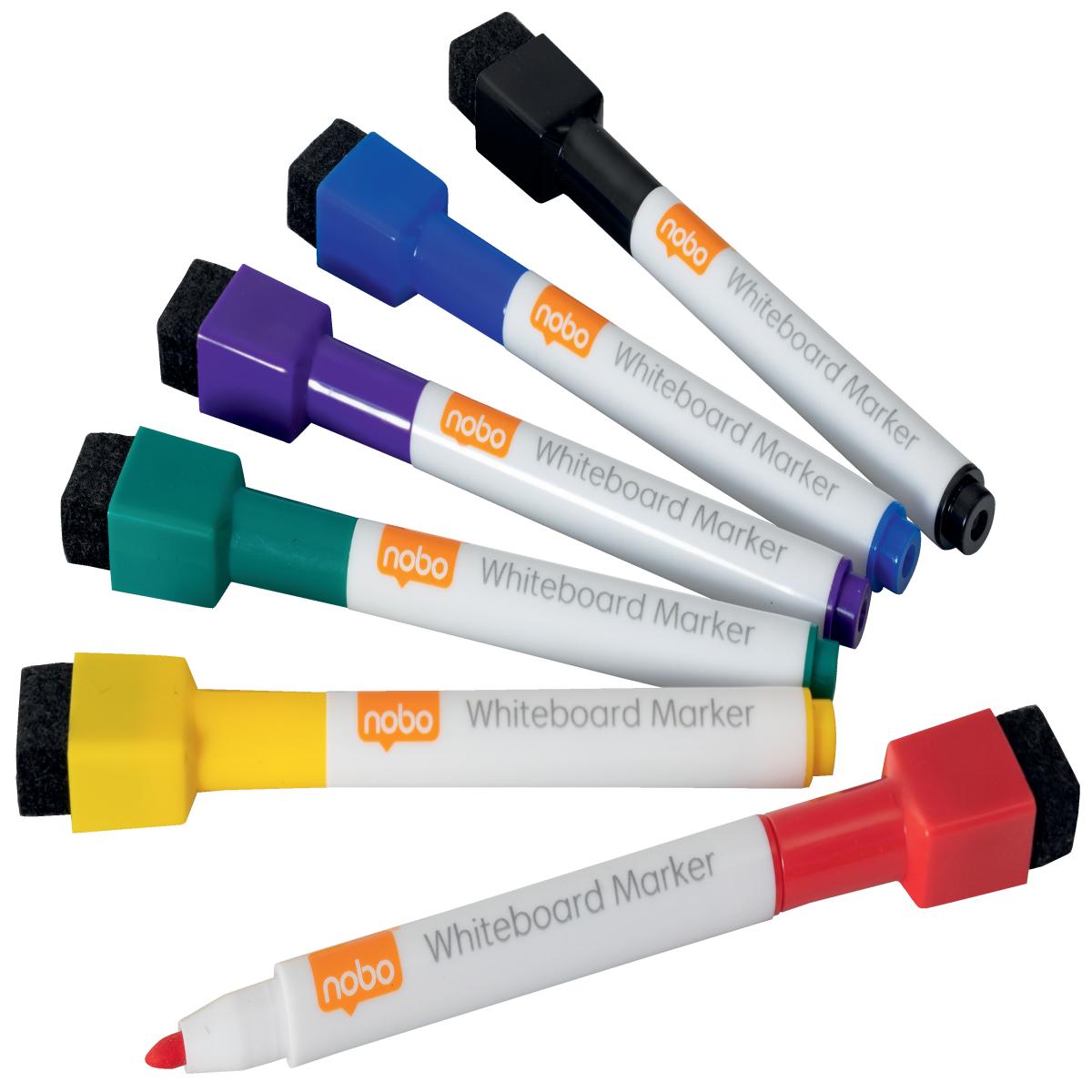 Nobo Mini Whiteboard Pen With Magnetic Eraser Cap 6 Pack Assorted Colours