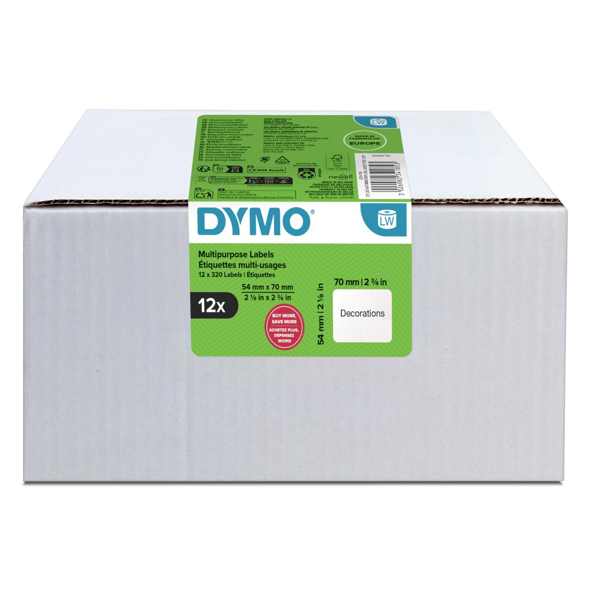 DYMO Authentic LabelWriter Multi-Purpose Labels | 54 mm x 70 mm | Self Adhesive | 12 Rolls of 320 Easy-Peel Labels (3,840 Count) | for LabelWriter Label Makers | Made in Europe
