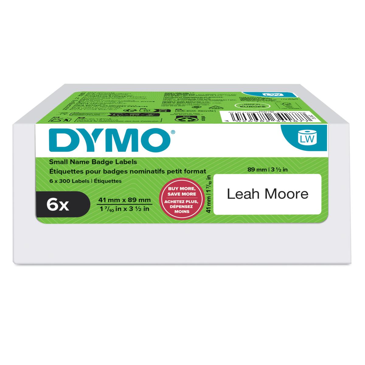 DYMO Authentic LabelWriter Small Name Badge Labels | 41 mm x 89 mm | Self-Adhesive | 6 Rolls of 300 Easy-Peel Labels (1,800 Count) | for LabelWriter Label Makers | Made in Europe