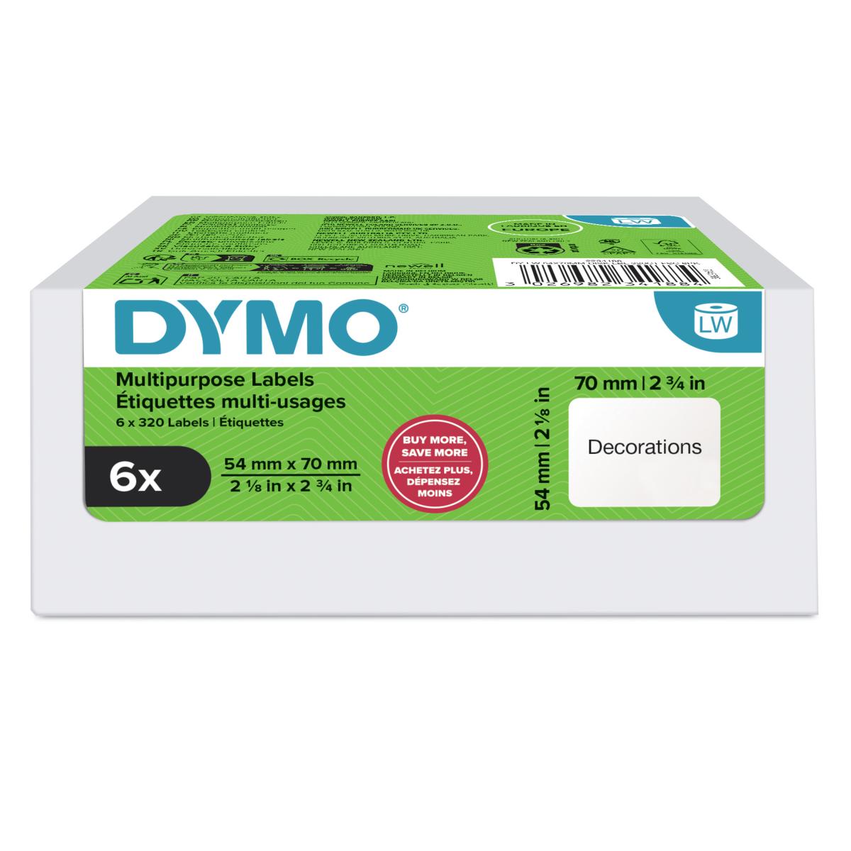 DYMO Authentic LabelWriter Multi-Purpose Labels | 54 mm x 70 mm | Self Adhesive | 6 Rolls of 320 Easy-Peel Labels (1,920 Count) | for LabelWriter Label Makers | Made in Europe