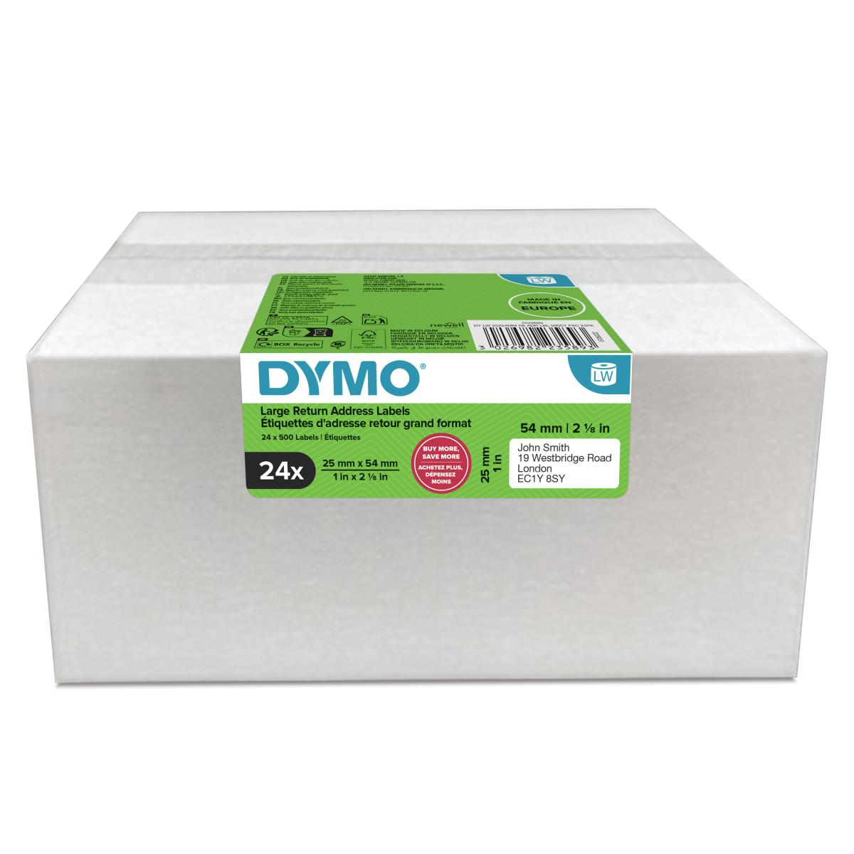 DYMO Authentic LabelWriter Return Address Labels | 25 mm x 54 mm | Self-Adhesive | 24 Rolls of 500 Easy-Peel Labels (12,000 Count) | for LabelWriter Label Makers | Made in Europe