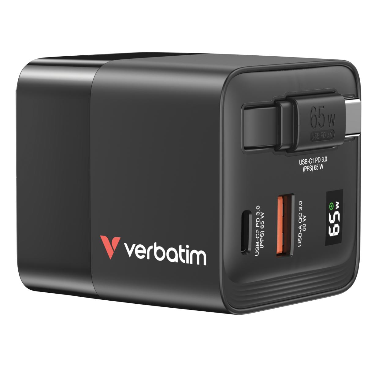 Verbatim GaN Charger 65W 2 Port retractable cable display US plugs with EU and UK adaptors