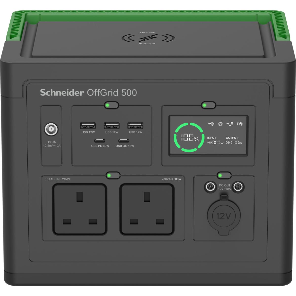 APC SE OffGrid Portable Power Station 500 - Li-Ion battery, LCD, 2x UK outlets, 3x USB-A, 2x USB-C, 3x 12V, wireless charger