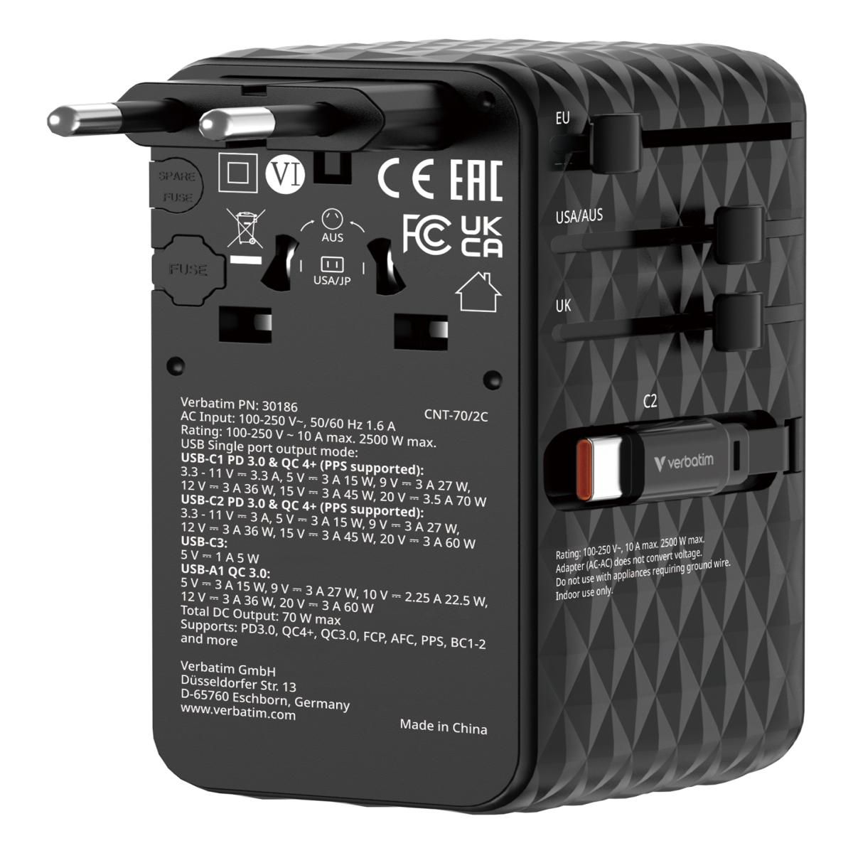 Verbatim Charge 'n' Travel 70W 2C retractable Universal Travel Adapter Black
