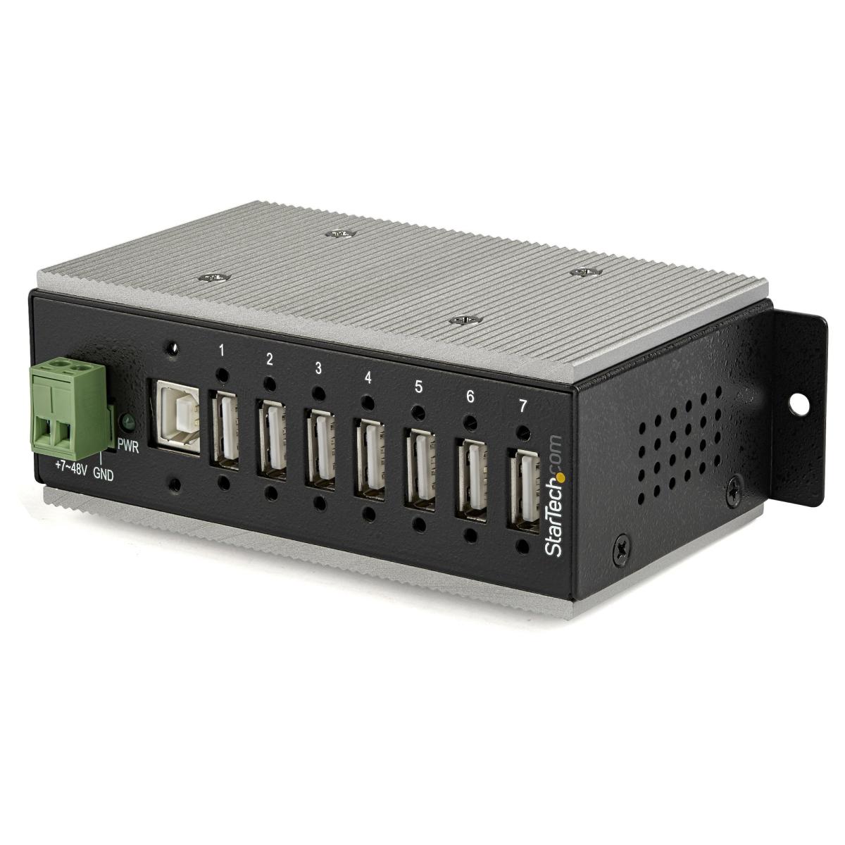 StarTech.com 7-Port USB 2.0 Hub - Metal Industrial USB-A Hub with ESD & 350W Surge Protection - Extended Operating Temp -40 to 185°F - Din Rail/Wall/Desk Mountable - USB Expander Hub