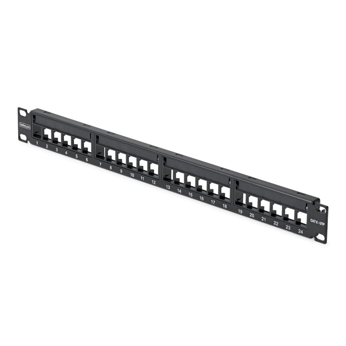 StarTech.com 24 Port 1U Blank Keystone Patch Panel with Cable Management Bar, Rackmount Cat6 Patch Panel for RJ45 UTP Ethernet Network Jacks