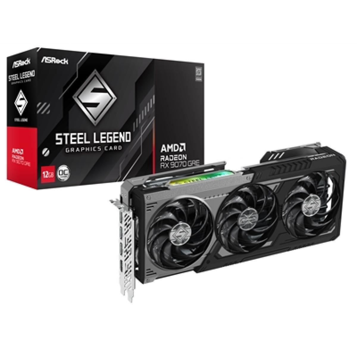 ASRock AMD Radeon RX 9070 Steel Legend Dark OC 12GB GDDR6 Graphics Card, 3072 Streams, 2340MHz Core Clock, Triple Fan, 3x DisplayPorts / 1x HDMI Port