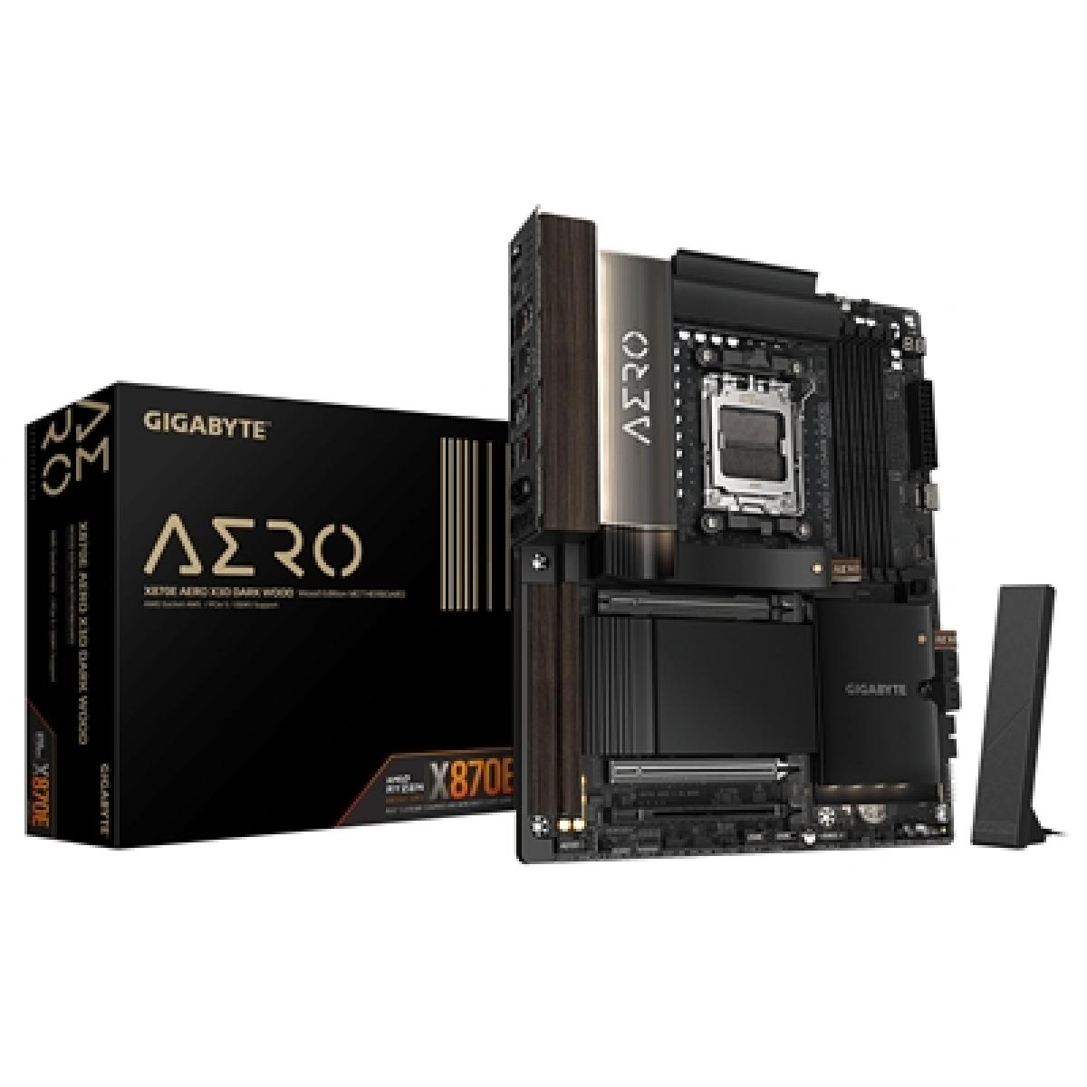 Gigabyte X870E AERO X3D DARK WOOD AMD AM5 Socket Motherboard, ATX, 4x DDR5 Slots, 4x M.2 Sockets, Fitted I/O Shield, 2x 5GbE LAN, Wi-Fi 7, 1x HDMI Port / 2x USB-C (USB4)