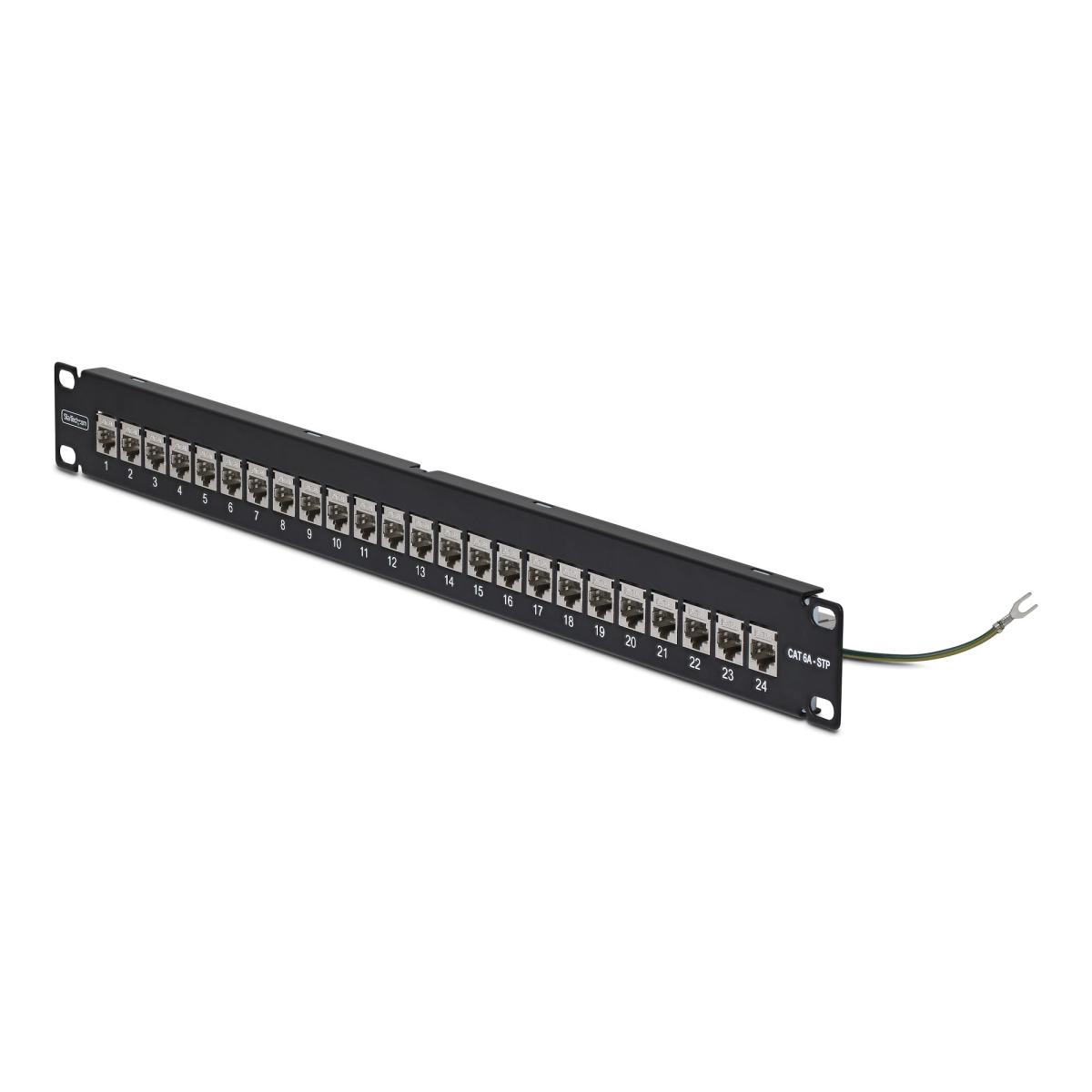 StarTech.com 24 Port 1U Feed Through Patch Panel with Cable Management Bar, Rackmount Shielded Cat6a Ethernet Patch Panel with RJ45 STP Inline Couplers