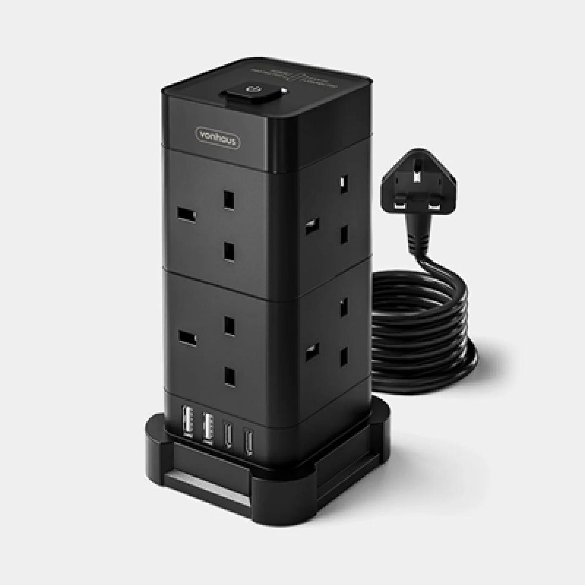 VonHaus Tower Extension Lead with USB, Power Surge Protection 2M Cable Black, 8 x UK Mains Sockets, Three-Pin 13A Plugs, Arranged Vertically With 2 Sockets On Each Of The 4 Sides