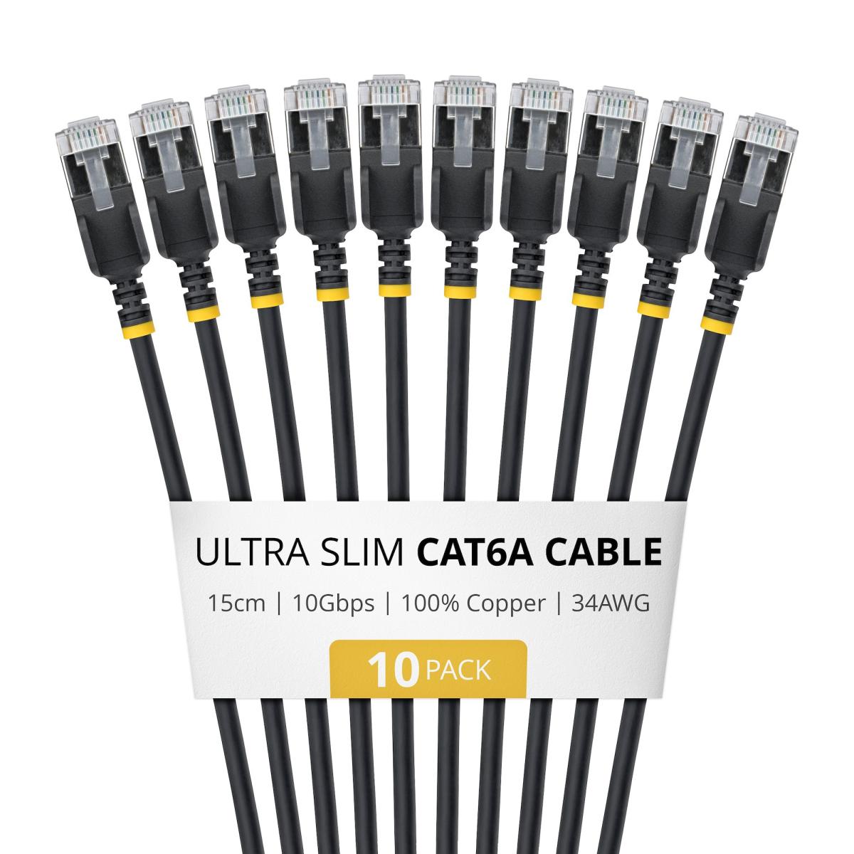 StarTech.com 15cm Black Ultra Slim Cat6A Ethernet Cable, 10 Pack, Snagless, FTP, Pure Bare Copper Wire, 34AWG Ultra Slim RJ45 Network Patch Cord, Individually Tested