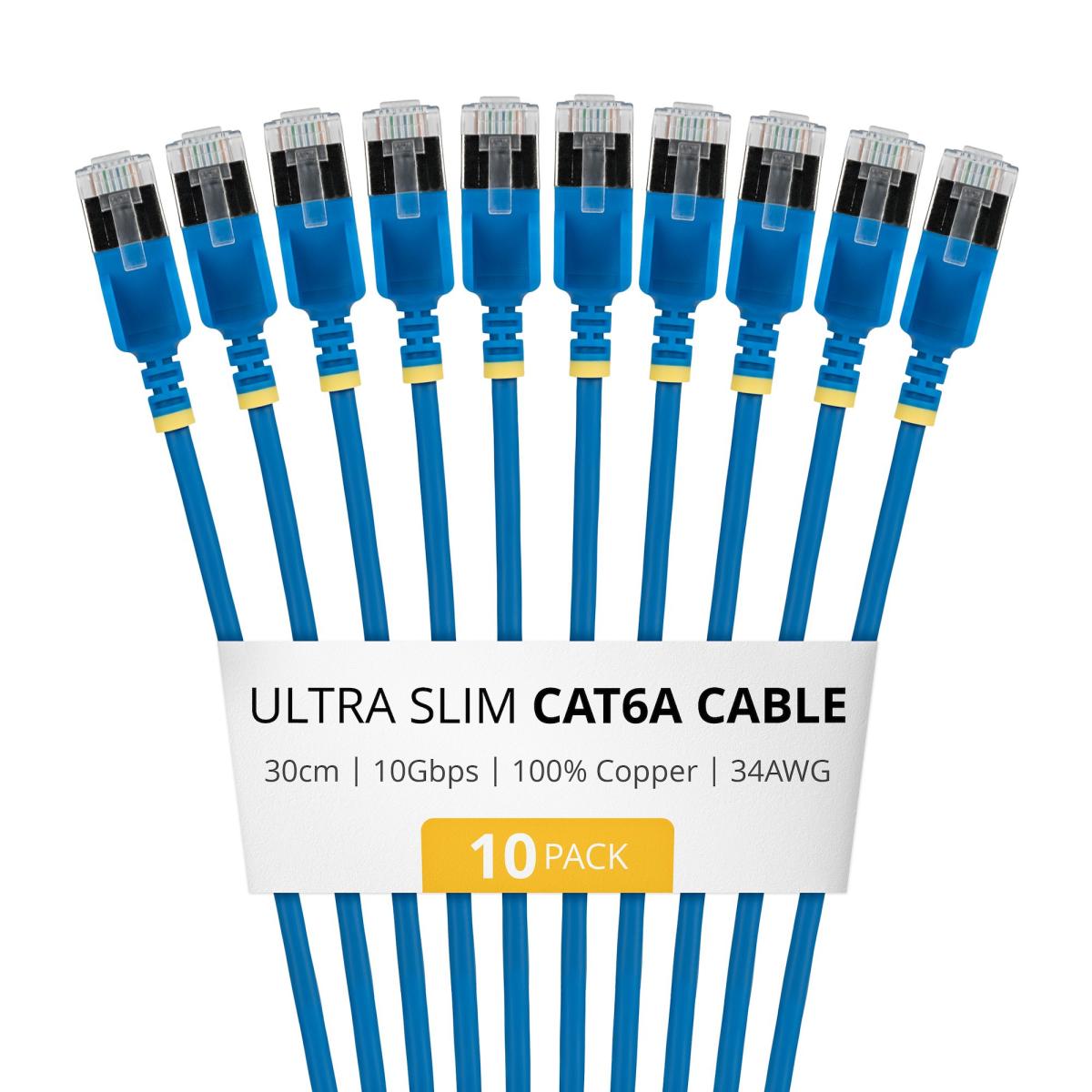 StarTech.com 30cm Blue Ultra Slim Cat6A Ethernet Cable, 10 pack, Snagless, FTP, Pure Bare Copper Wire, 34AWG Ultra Slim RJ45 Network Patch Cord, Individually Tested