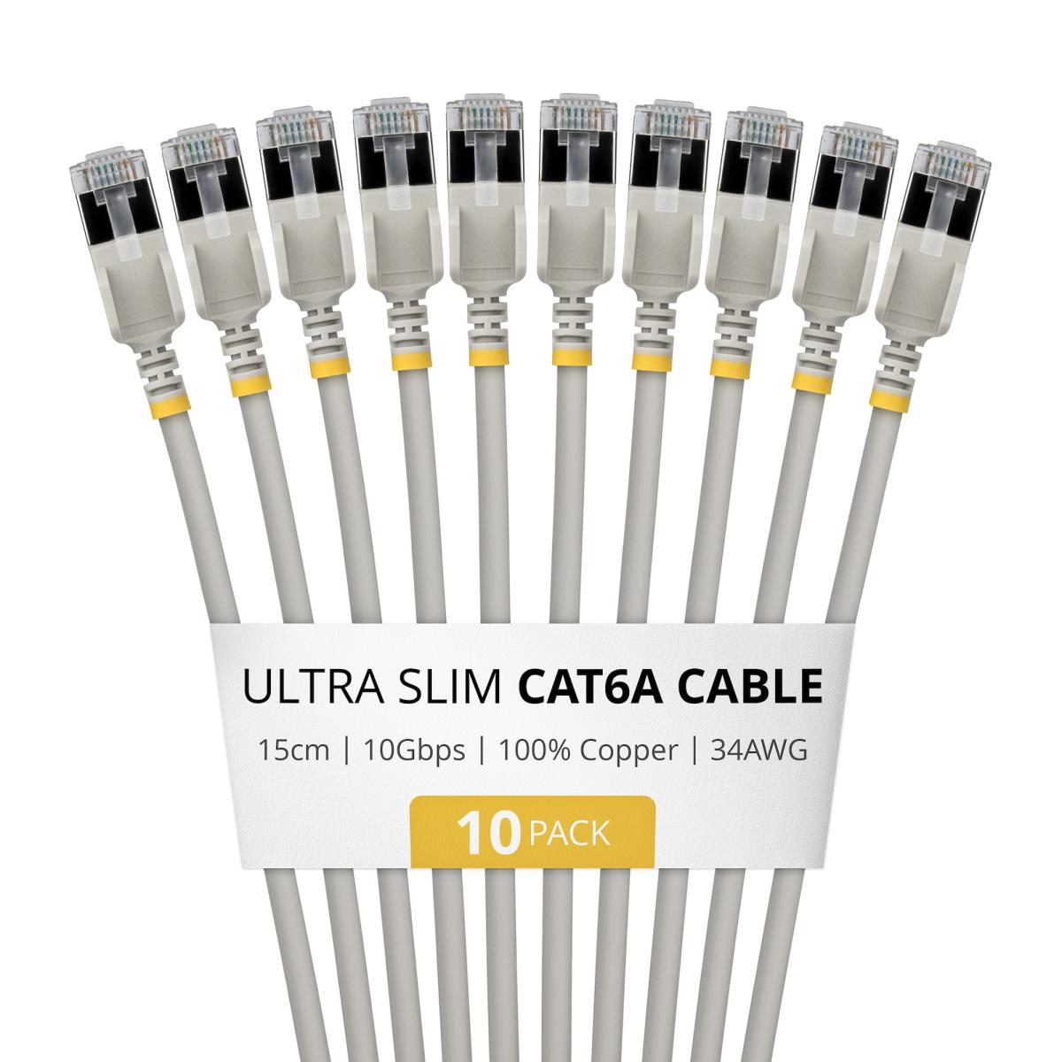 StarTech.com 15cm Gray Ultra Slim Cat6A Ethernet Cable, 10 Pack, Snagless, FTP, Pure Bare Copper Wire, 34AWG Ultra Slim RJ45 Network Patch Cord, Individually Tested