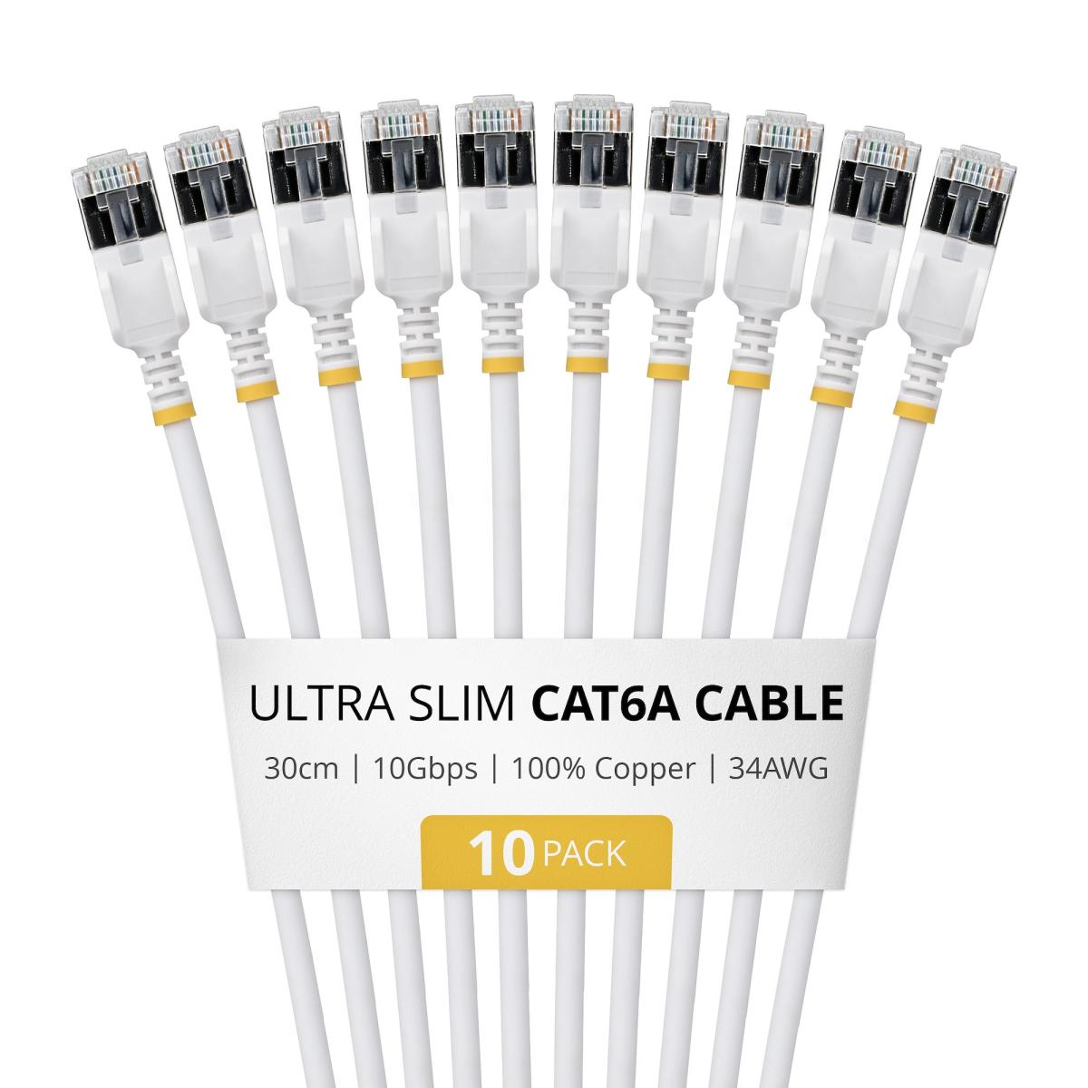 StarTech.com 30cm White Ultra Slim Cat6A Ethernet Cable, 10 Pack, Snagless, FTP, Pure Bare Copper Wire, 34AWG Ultra Slim RJ45 Network Patch Cord, Individually Tested