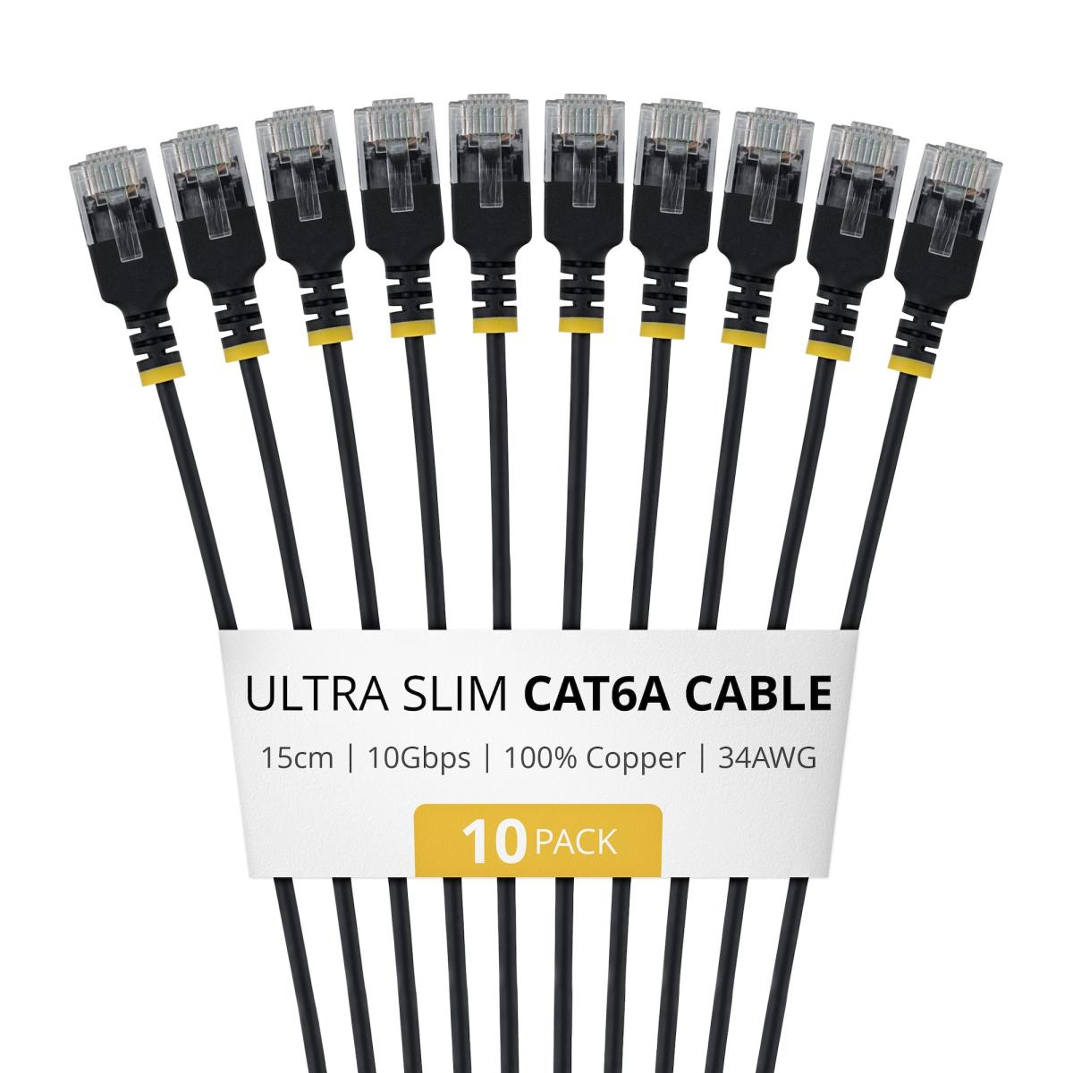 StarTech.com 15cm Black Ultra Slim Cat6A Ethernet Cable, 10 pack, UTP, Pure Bare Copper Wire, 34AWG Ultra Slim RJ45 Network Patch Cord, Individually Tested