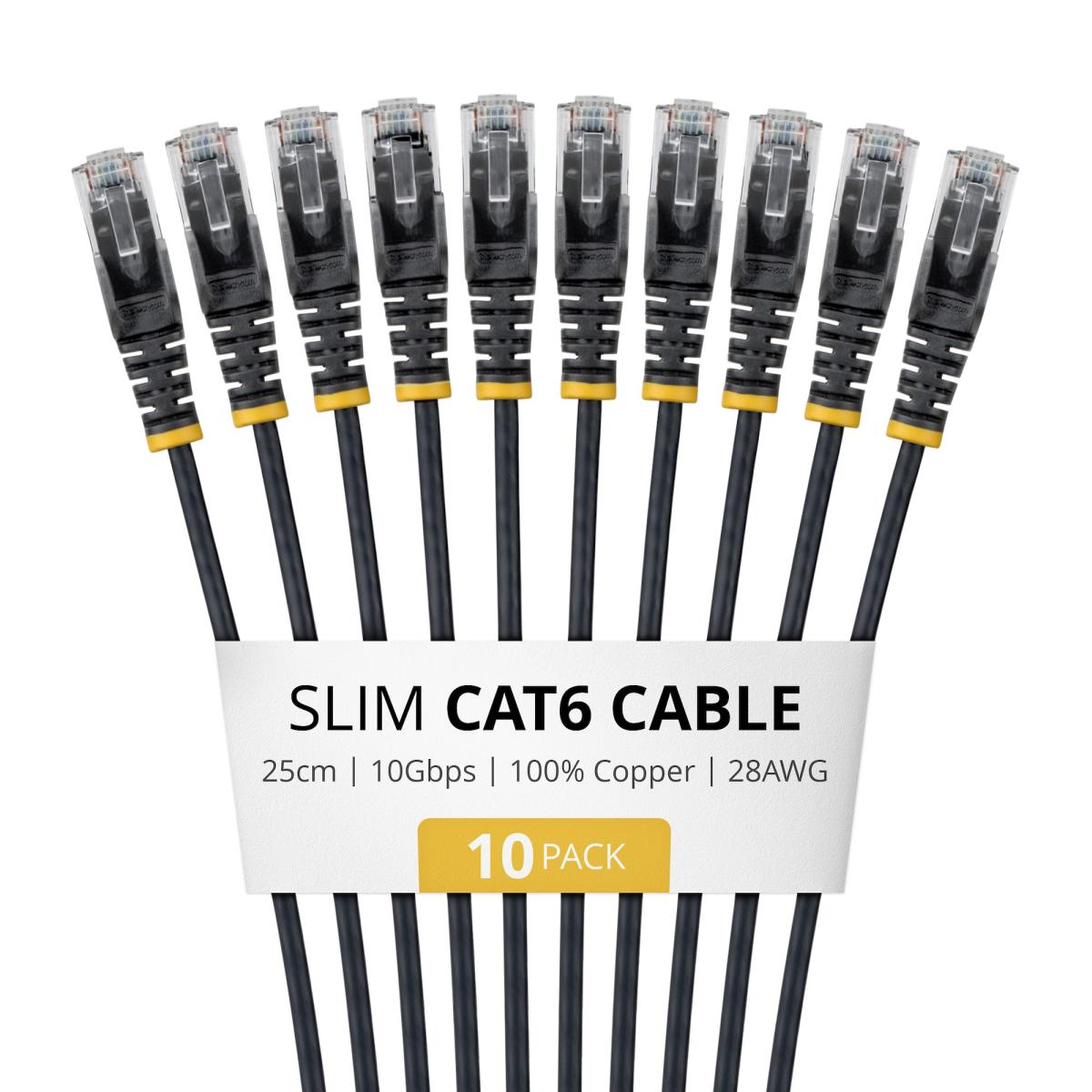 StarTech.com 25cm Black Slim CAT6 Cable, 10 Pack, Snagless, 100W PoE, UTP, LSZH, 28AWG Pure Bare Copper Wire, Slim RJ45 Network Patch Cord w/Strain Reliefs, Individually Tested