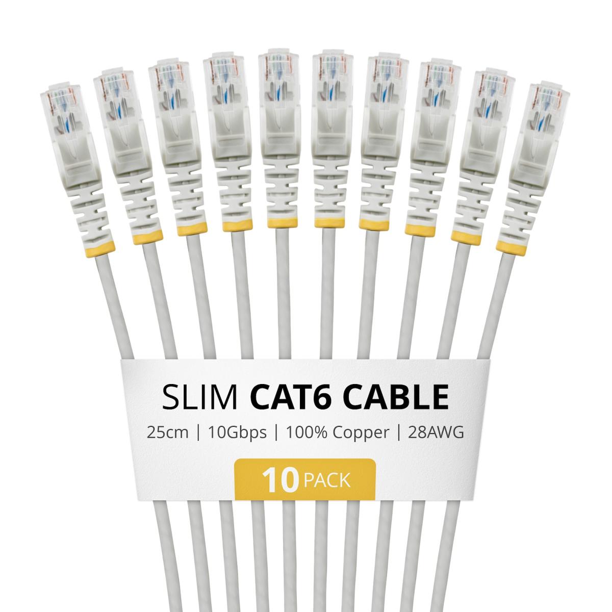 StarTech.com 25cm Gray Slim CAT6 Cable, 10 Pack, Snagless, 100W PoE, UTP, LSZH, 28AWG Pure Bare Copper Wire, Slim RJ45 Network Patch Cord w/Strain Reliefs, Individually Tested