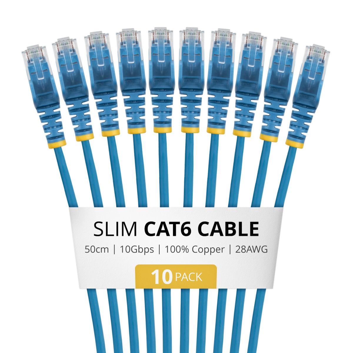 StarTech.com 50cm Blue Slim CAT6 Cable, 10 Pack, Snagless, 100W PoE, UTP, LSZH, 28AWG Pure Bare Copper Wire, Slim RJ45 Network Patch Cord w/Strain Reliefs, Individually Tested