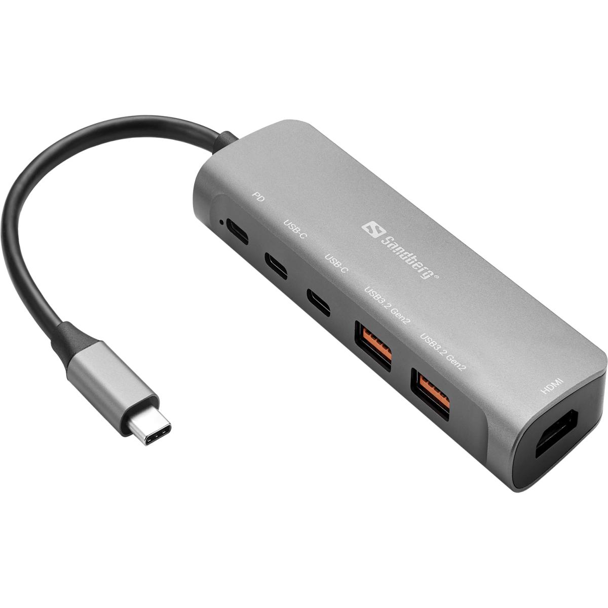 Sandberg USB-C Dock HDMI + 2xUSB-A + 2xUSB-C + PD100W Wired USB 3.2 Gen 1 (3.1 Gen 1) Type-C Aluminum