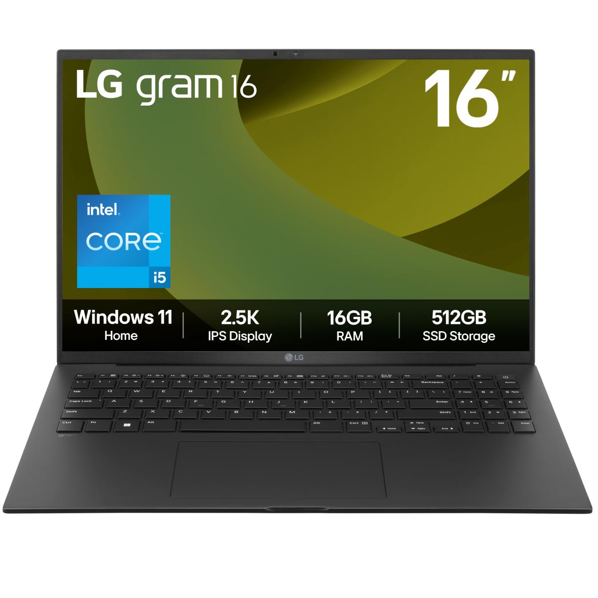LG Gram 16Z90RU-G.AA55A1 laptop Intel® Core™ i5 i5-1334U 40.6 cm (16") 2.5K 16 GB LPDDR4x-SDRAM 512 GB SSD Wi-Fi 6E (802.11ax) Windows 11 Home Black