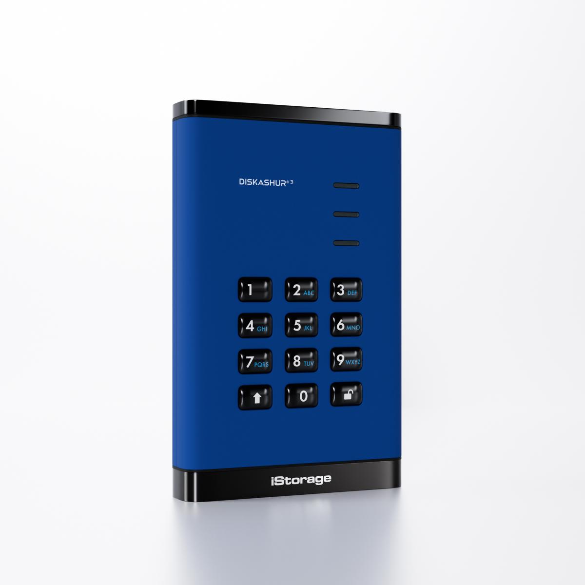 iStorage diskAshur³ 500GB Blue | Secure Portable Hard Drive | FIPS 140-3 Level 3 Complaint |Common Criteria EAL 5+ | PIN protected | AES-XTS 256-bit hardware encryption | GDPR, TAA Compliant | Dust/Water Resistant |
