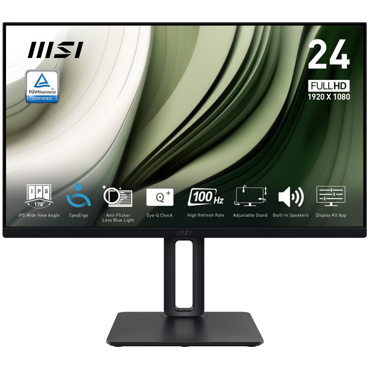 MSI Pro MP245PG 24 Inch Monitor, FHD (1920 x 1080), 100Hz, IPS, 1ms, 1x HDMI 1.4b, 1x DP 1.2a output, 1x D-Sub(VGA), Built-in Speakers, Anti-Glare, Anti-Flicker, Less Blue light, TÜV Certified, VESA, Kensington, 4-way adjustable stand, Black