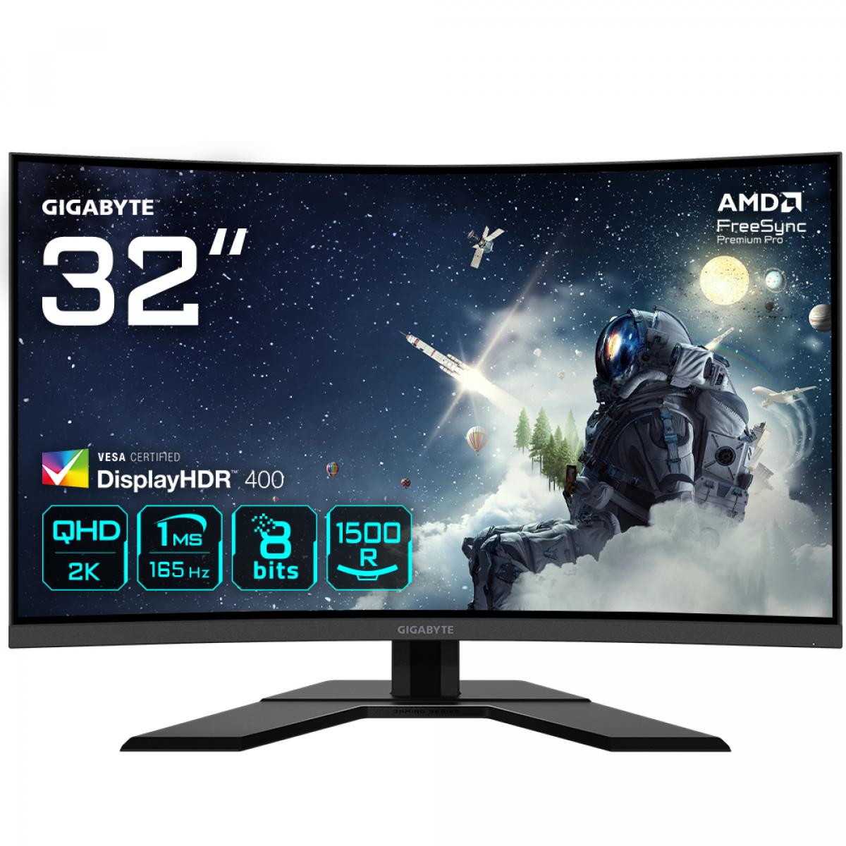 GIGABYTE G32QC A 31.5" QHD Curved Gaming Monitor - 2560 x 1440, 1500R, 165Hz, 1ms, 350 cd/m², FreeSync Premium Pro, Display HDR400, HDMI 2.0, Displayport 1.2