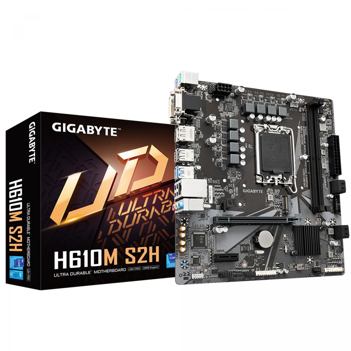 GIGABYTE H610M S2H Motherboard - Supports Intel Core 14th CPUs, 6+1+1 Hybrid Digital VRM, up to 5600MHz DDR4, 1xPCIe 3.0 M.2, GbE LAN, USB 3.2 Gen 1