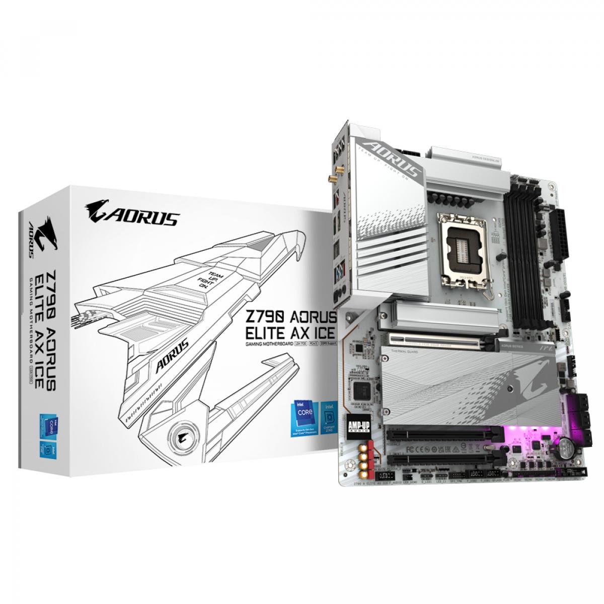 GIGABYTE Z790 AORUS ELITE AX ICE Motherboard - Supports Intel Core 14th CPUs, 16+1+2 Phases Digital VRM, up to 7600MHz DDR5 (OC), 4xPCIe 4.0 M.2, Wi-Fi 6E, 2.5GbE LAN , USB 3.2 Gen 2x2