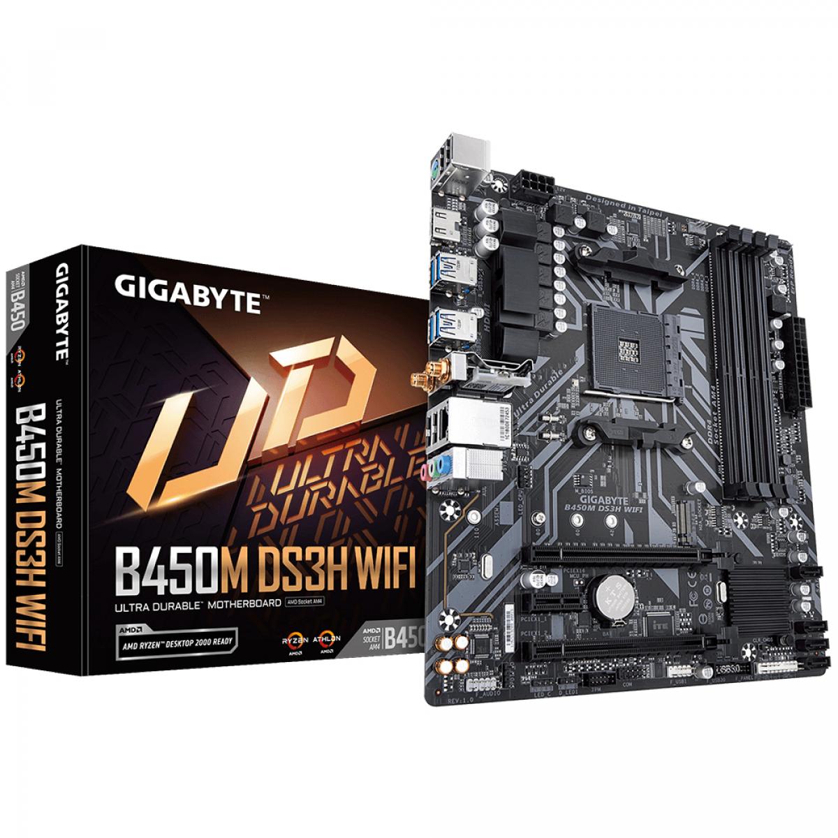 GIGABYTE B450M DS3H WIFI Motherboard - Supports AMD Series 5000 CPUs, up to 3600MHz DDR4 (OC), 1xPCIe M.2, WIFI 802.11ac, GbE LAN, USB 3.1 Gen 1
