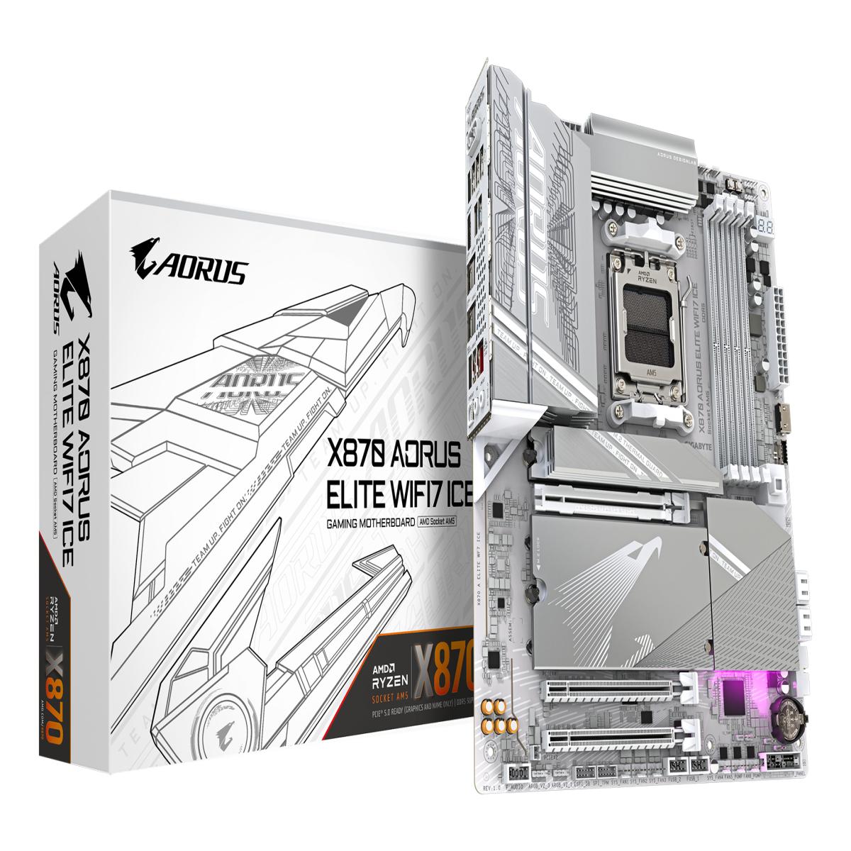 GIGABYTE X870 AORUS ELITE WIFI7 ICE Motherboard - Supports AMD Ryzen 9000 CPUs, 16+2+2 Phases Digital VRM, up to 8200MHz DDR5 (OC), 3xPCIe 5.0 + 1xPCIe 4.0, Wi-Fi 7, 2.5GbE LAN, USB 4