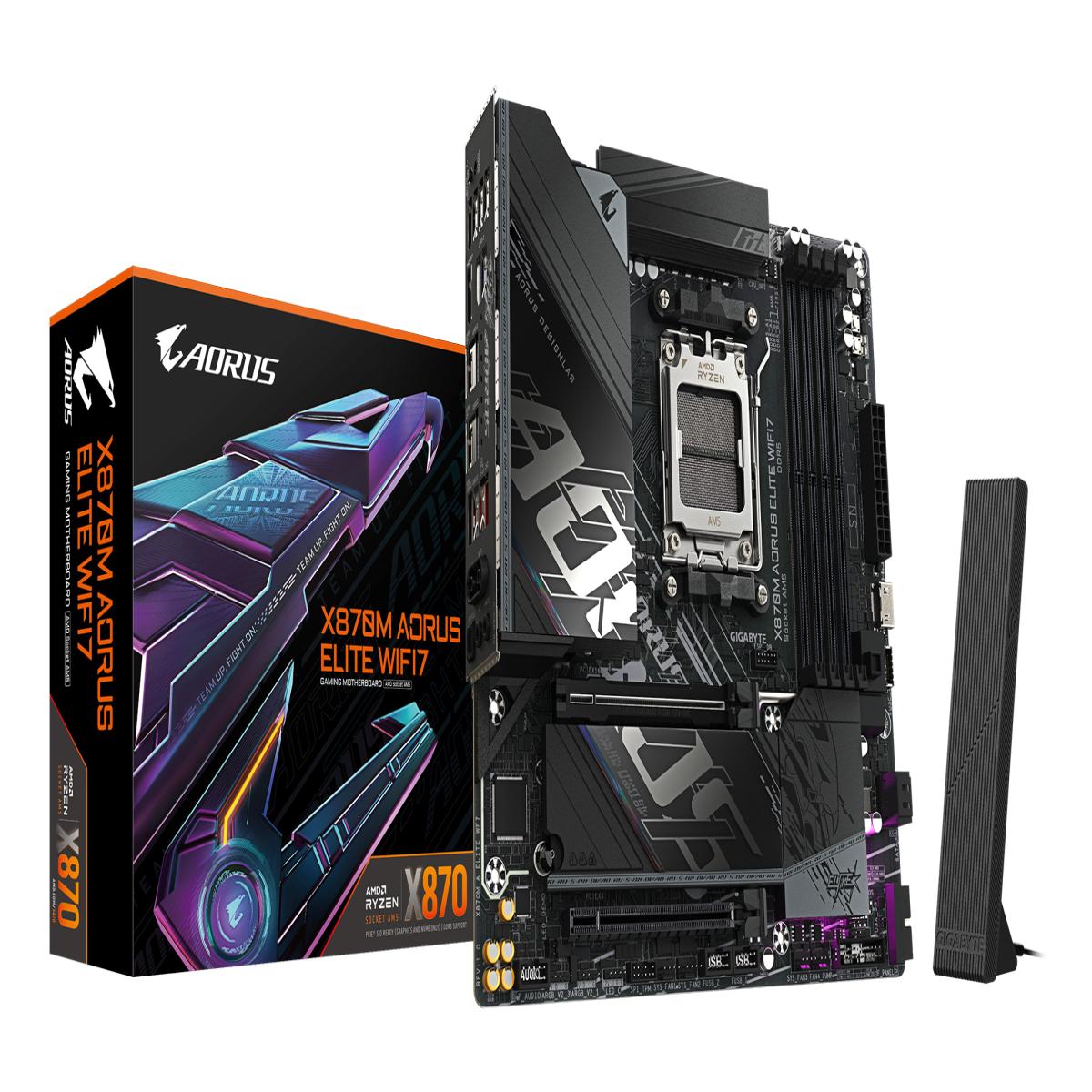 GIGABYTE X870M AORUS ELITE WIFI7 Motherboard - Supports AMD Ryzen 9000 CPUs, 14+2+2 Phases Digital VRM, up to 8200Hz DDR5 (OC), 1xPCIe 5.0 + 1xPCIe 4.0, Wi-Fi 7, 2.5 GbE LAN, USB 4