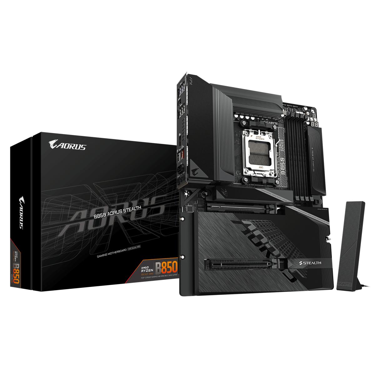 GIGABYTE B850 AORUS STEALTH Motherboard - AMD Ryzen 9000 Series CPUs, 14+2+2 Phases Digital VRM, up to 8200MHz DDR5 (OC), 2xPCIe 5.0 + 2xPCIe 4.0 M.2, WIFI 7, 5 GbE LAN, USB 3.2 Gen 2