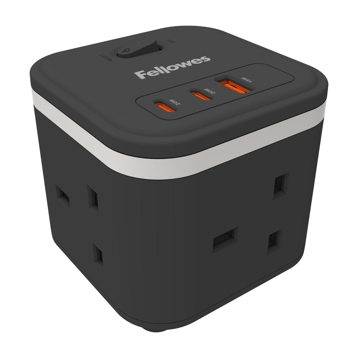 Fellowes Power Cube with 3 Power Socket Extension USB-A & USB-C Ports Black