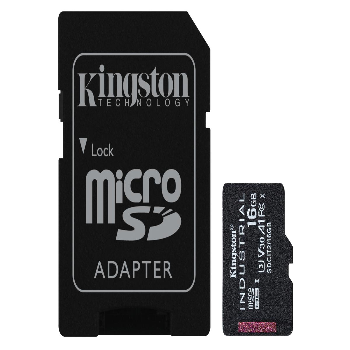 Kingston SDCIT2/16GB Industrial Micro SD Flash Memory Card, 16GB, Class U3 V30 A1, UHS-I U1, Retail Packed
