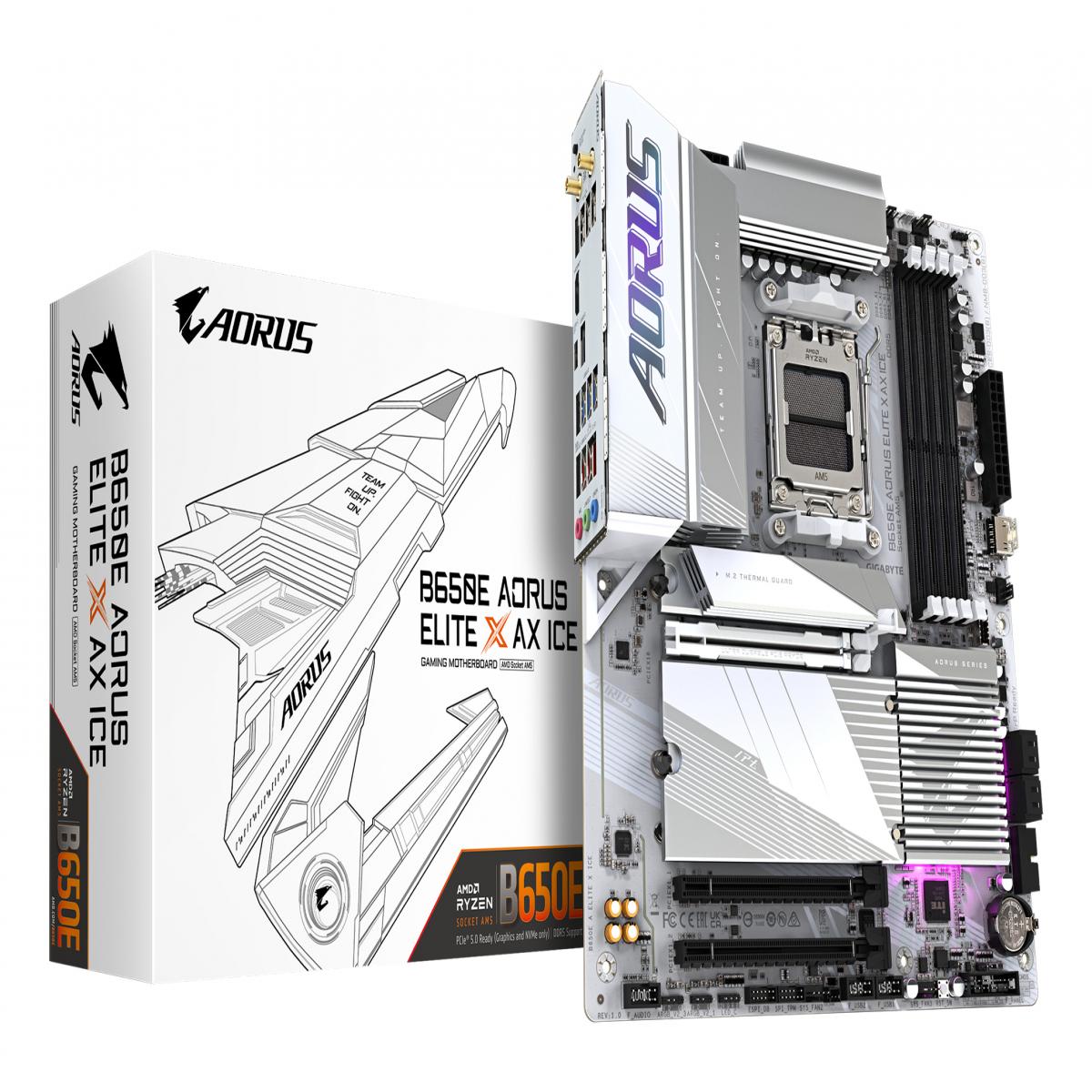 GIGABYTE B650E AORUS ELITE X AX ICE Motherboard - AMD Ryzen 9000 Series CPUs, 12+2+2 Phases VRM, up to 8000MHz DDR5 (OC), 1xPCIe 5.0 + 2xPCIe 4.0 M.2, 2.5GbE LAN, WIFI 6E, USB 3.2 Gen 2