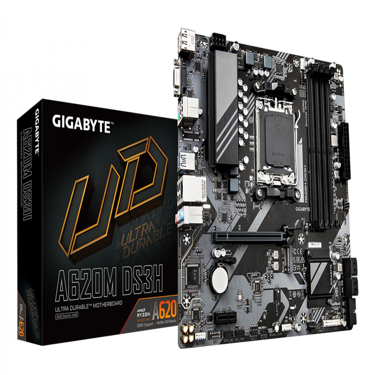 Gigabyte A620M DS3H Ultra Durable AMD AM5 Socket Motherboard, Micro-ATX, 4x DDR5 Slots, 1x M.2 Socket, 1x USB-C Port, GbE LAN, 1x D-Sub / 1x DisplayPort / 1x HDMI Port