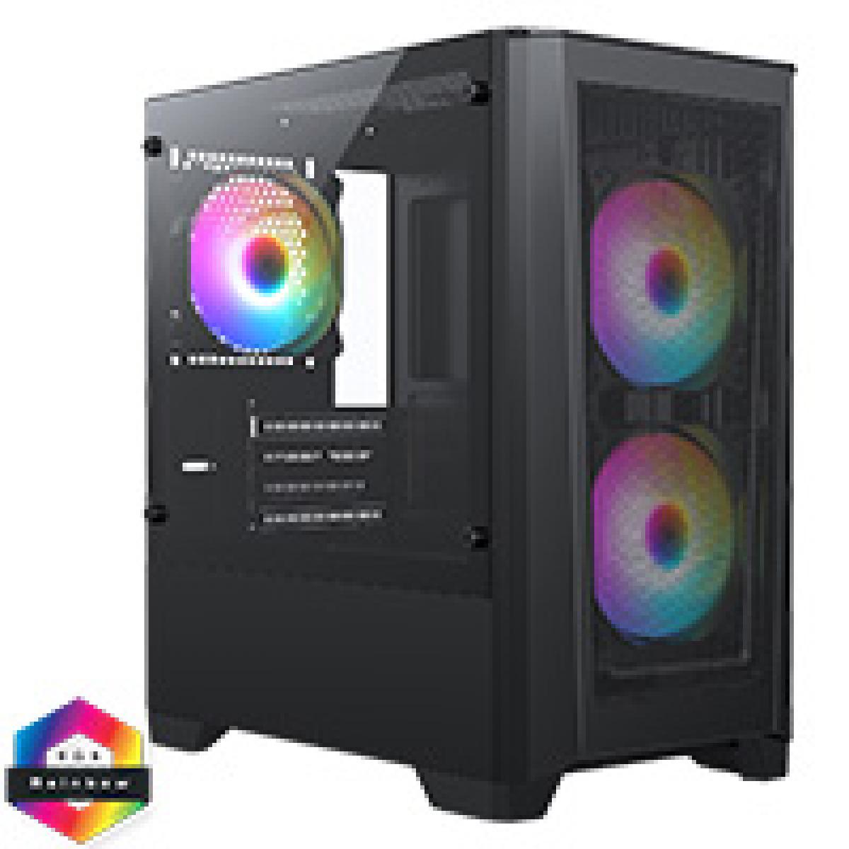 CiT Level 2 Black Micro-ATX Mesh PC Gaming Case with 3 x 120mm RGB Rainbow Fans Included With Tempered Glass Side Panel