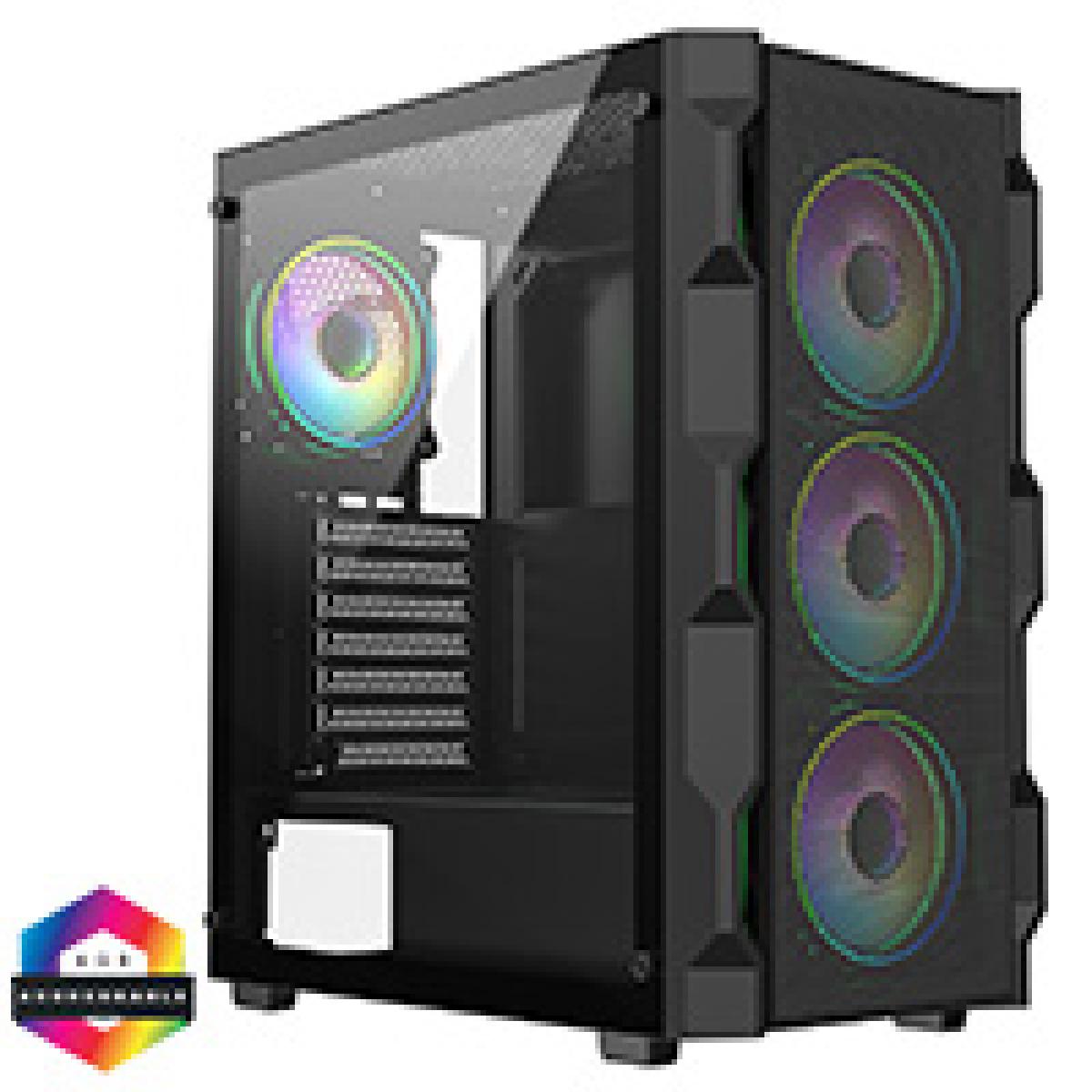 CiT Neo Black ATX Gaming Case with Mesh Front and Tempered Glass Side 6-Port PWM Hub and 4 x CiT Tornado Dual-Ring Infinity Fans