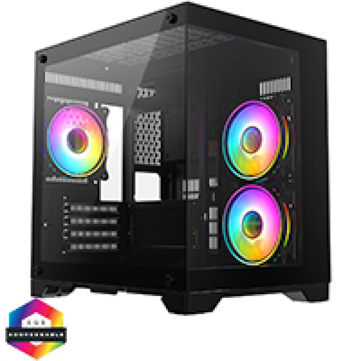 CiT Overseer Black MATX Gaming Cube with Tempered Glass Front and Side Panels with 3 x CiT Tornado Dual-Ring Infinity Fans