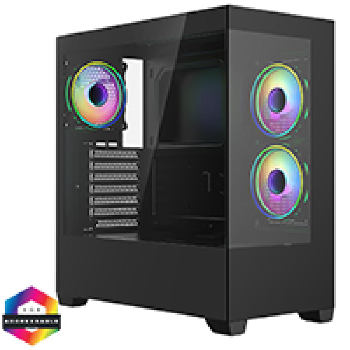 CiT Sense Black ATX Gaming Case with Tempered Glass Front and Side Panels with 3 x CiT Tornado Dual-Ring Infinity Fans
