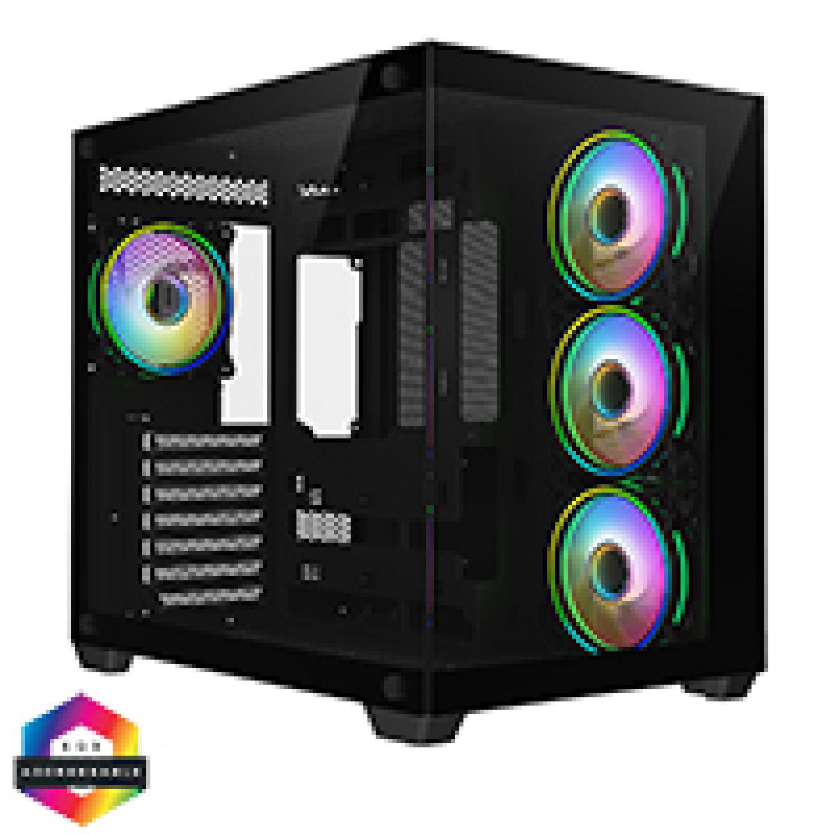 CiT Vision Black ATX Gaming Cube with Tempered Glass Front and Side Panels with 4 x CiT Tornado Dual-Ring Infinity Fans